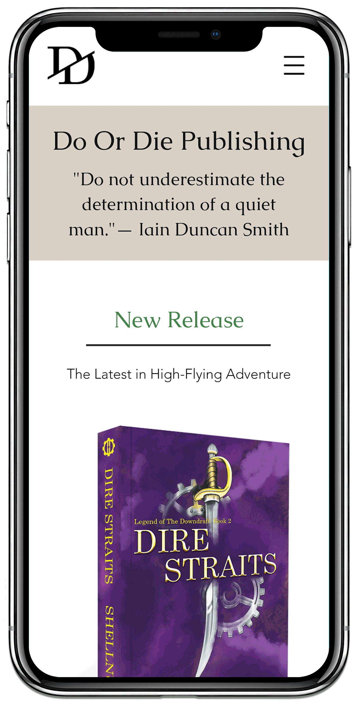 An image of a smartphone showing a looping gif of the Do or Die Publishing mobile site scrolling up and down.