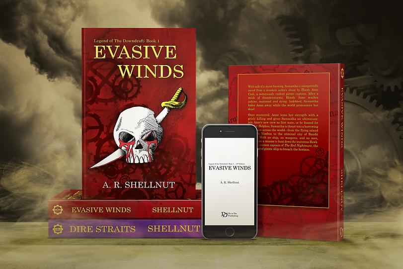 Two books stacked with the spines facing out. The top book title is Evasive Winds. The bottom book title is Dire Straights. On top of the stack is a third book with the front cover facing out, the title is Evasive Winds over an illustration of a bleeding skull impaled by a diagonal sword. Next to the stake is a smartphone stood up to show the title page of an ebook, titled Evasive Winds. Behind the smartphone is a fourth paperback book, stood up with the back cover facing out.