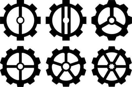 A set of six symbols designed to look like gears. The inside of each gear varies from one spoke to six spokes.