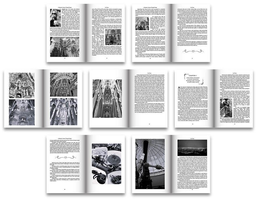 A grid of seven two-page spreads of text formatting interspersed with black and white photos for a print book.