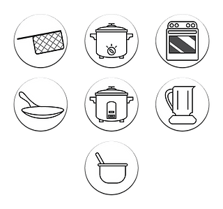 A grid of seven black and white icons. In order, left to right, top to bottom: a deep fryer basket, a slow cooker, an oven, a skillet, a rice cooker, a blender, and a mixing bowl with spoon.