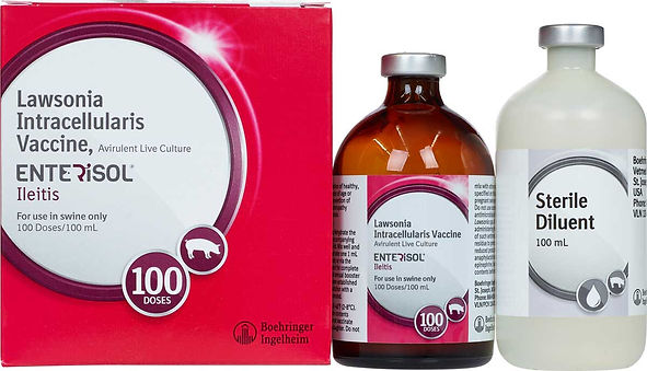 Modern design of the Enterisol Ileitis box, bottle, and sterile diluent bottle.