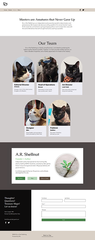 An elongated screenshot of the Do or Die Publishing website page "Meet the Team", featuring 5 pictures of cats listed as staff members.
