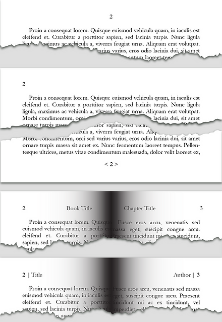 Five different designs for page numbers for a printed book.