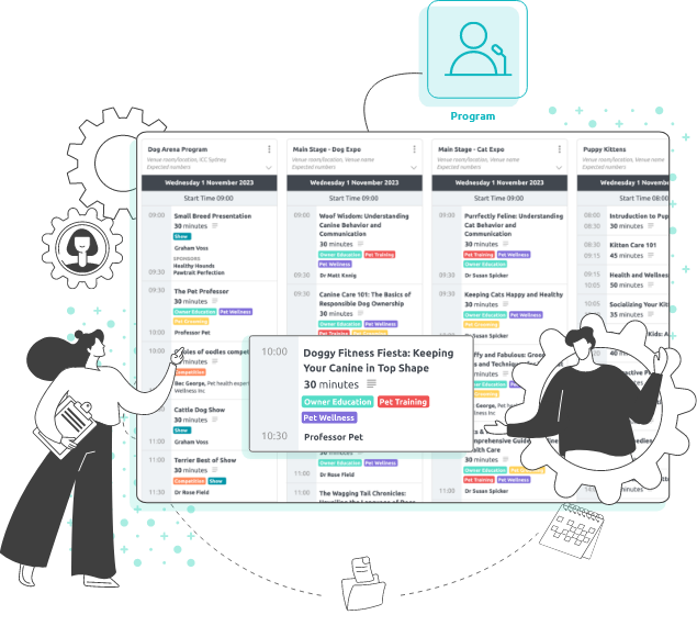 Illustration of an event team building a multi-stage conference program in Joi's program builder