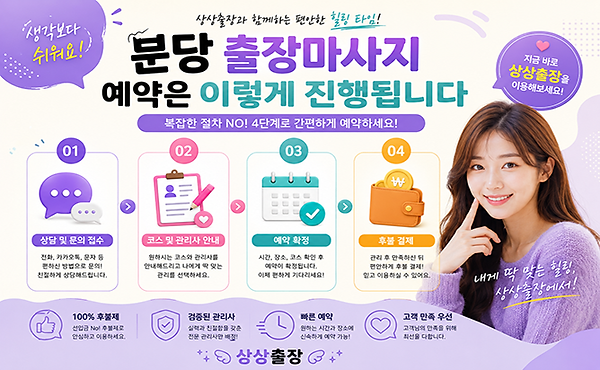 분당출장마사지 예약은 4단계로 간편하게 진행됩니다.