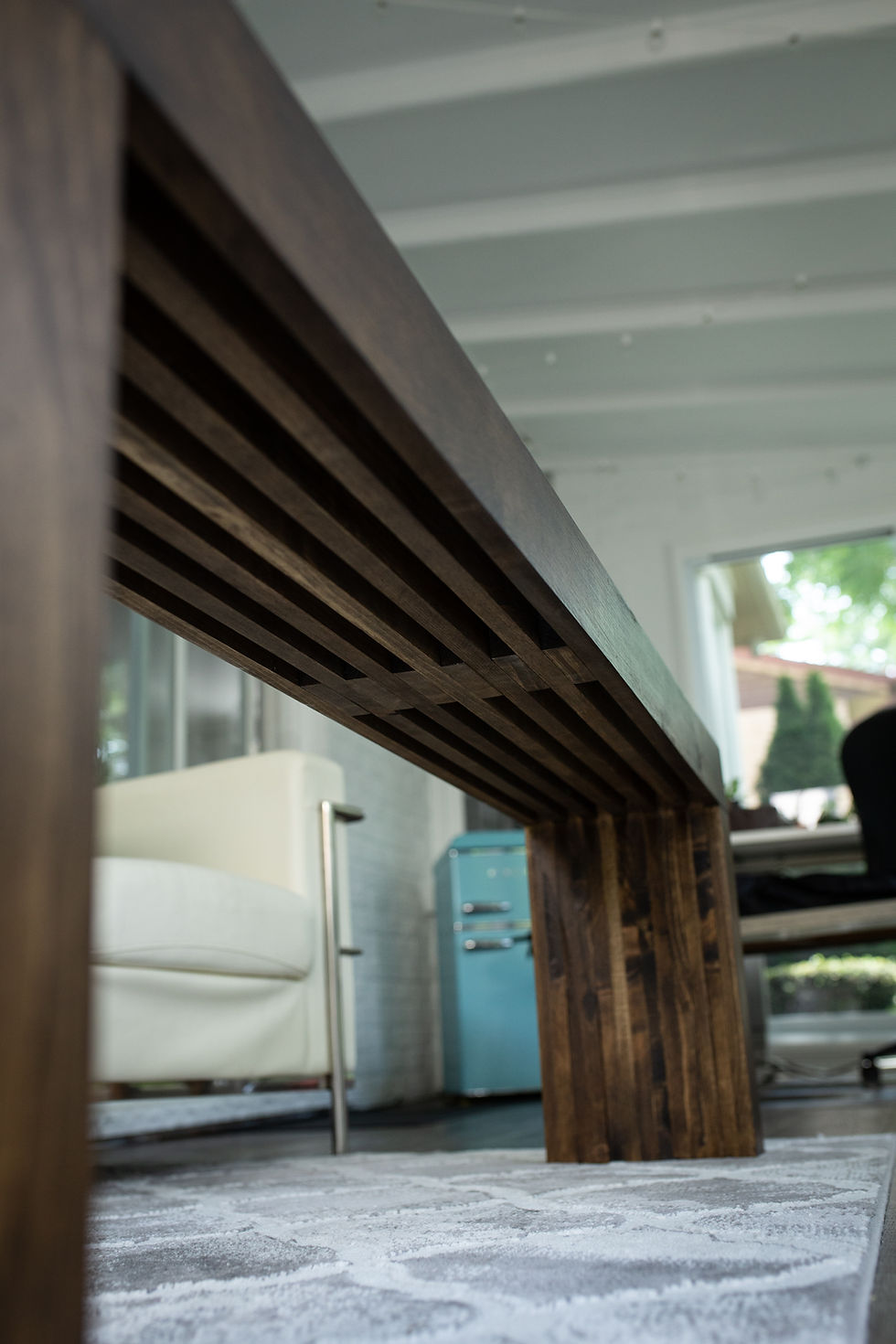 Thumbnail: dark walnut wood bench