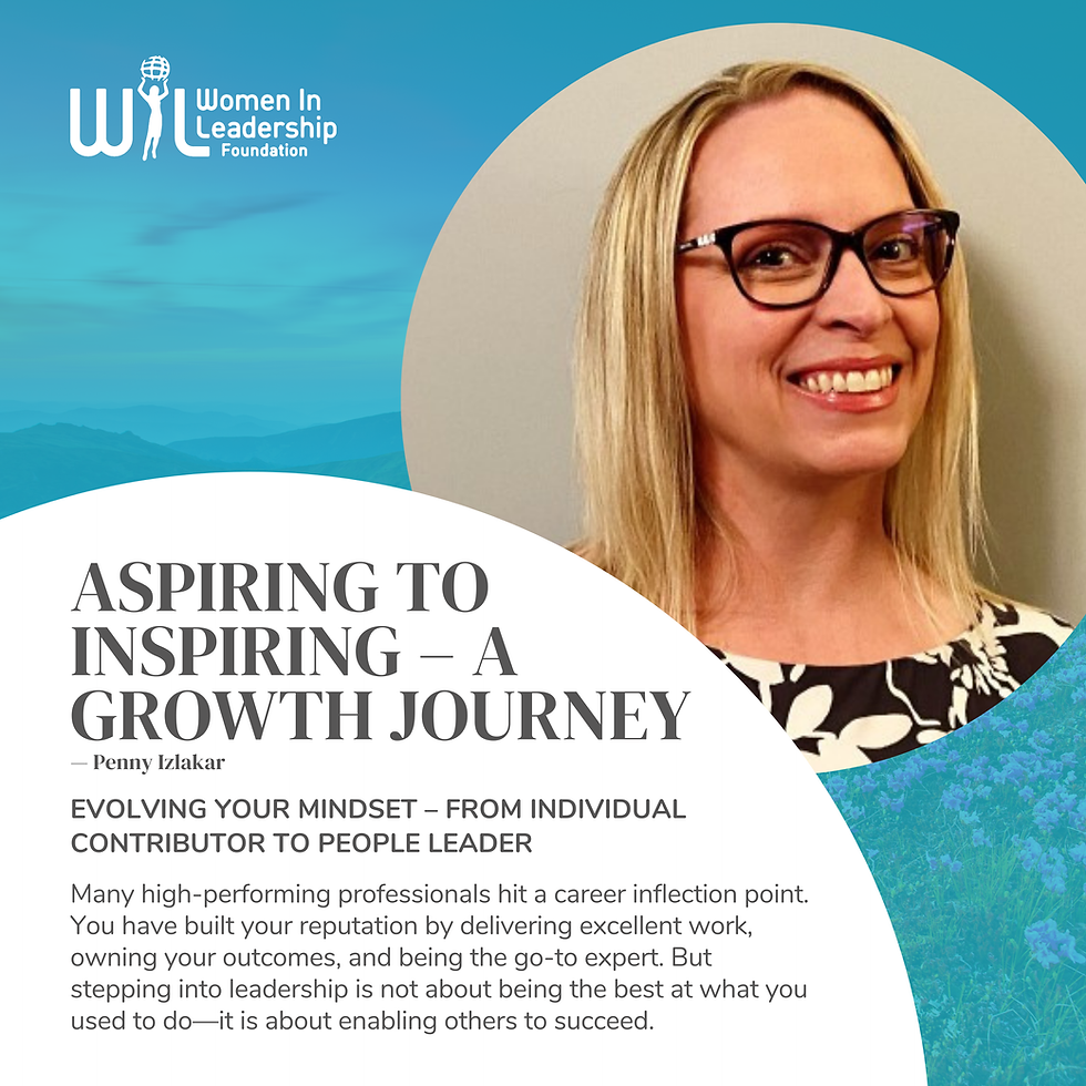 Smiling woman wearing glasses beside a graphic titled “Aspiring to Inspiring – A Growth Journey” from Women in Leadership Foundation.