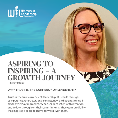 Graphic from Women in Leadership Foundation titled “Aspiring to Inspiring – A Growth Journey” by Penny Izlakar. Subtitle reads “Why Trust Is the Currency of Leadership.” Includes a professional headshot of a smiling blonde woman wearing glasses and a black and white patterned top on a teal background.
