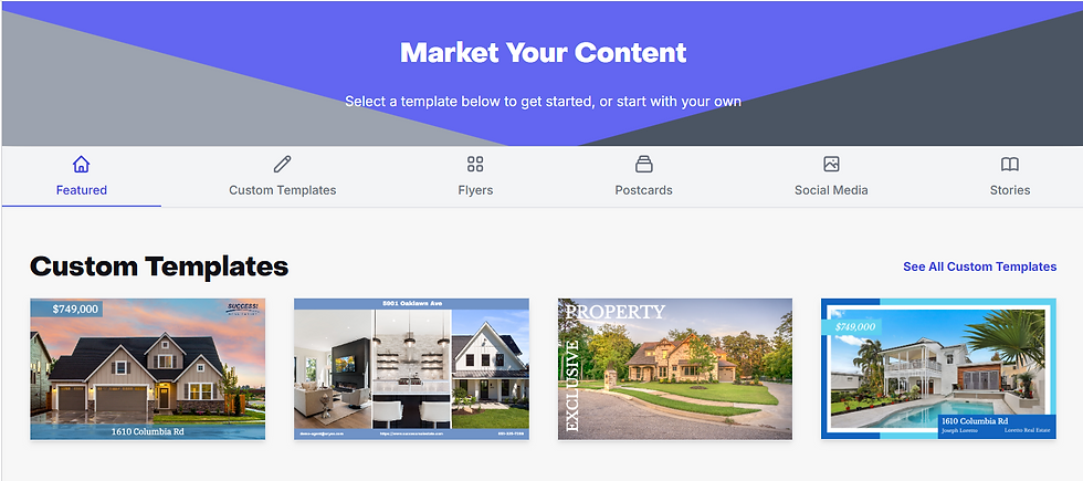 Marketing Materials window showing template categories for flyers, postcards, social media posts, Stories, and custom designs.