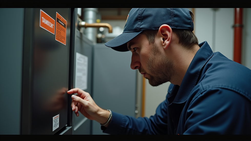 Eye-level view of a technician inspecting a furnace pilot light