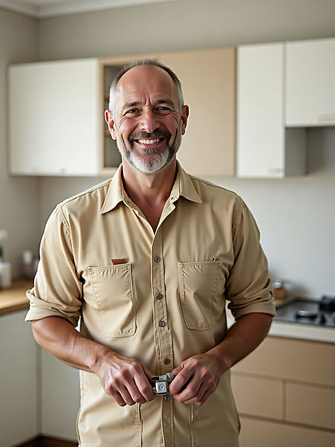 Smiling man stands near kitchen cabinets; 24hr plumbing repair services
