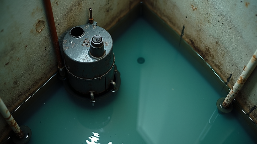 High angle view of a flooded basement with water around an ejector pump