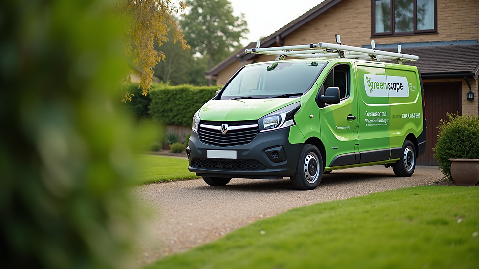 Eye-level view of a Greenscape Ecochic service van parked outside a residential home
