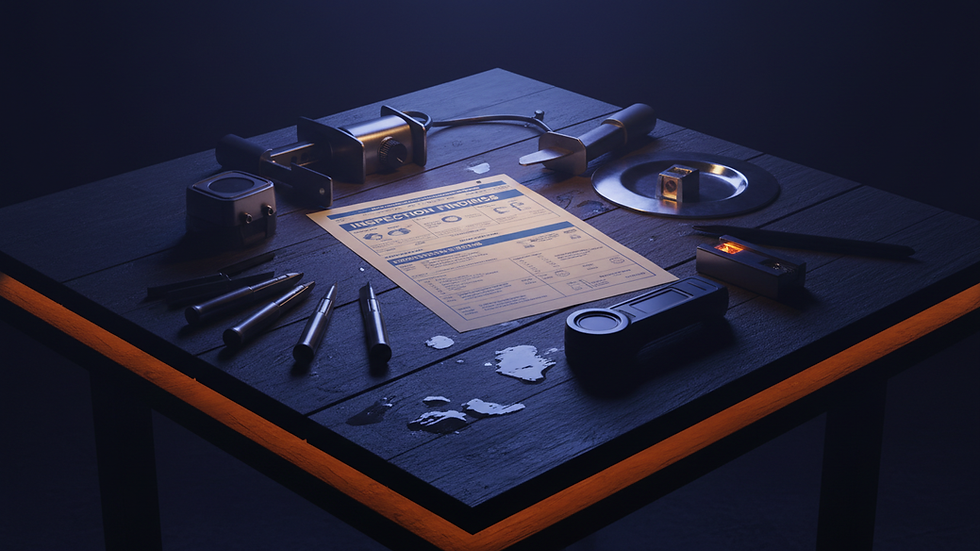 Close-up view of a septic system inspection report and measuring tools on a wooden table