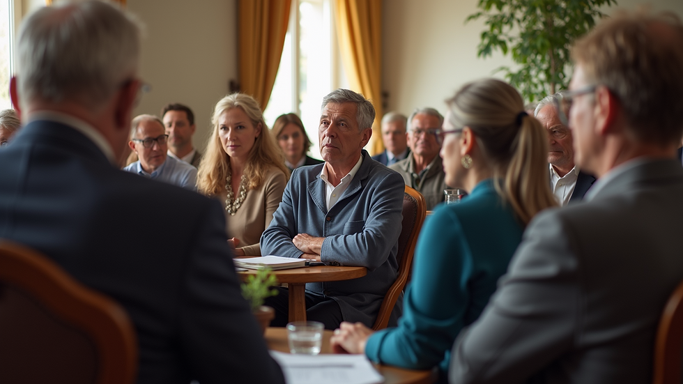 Eye-level view of a community gathering discussing local political issues