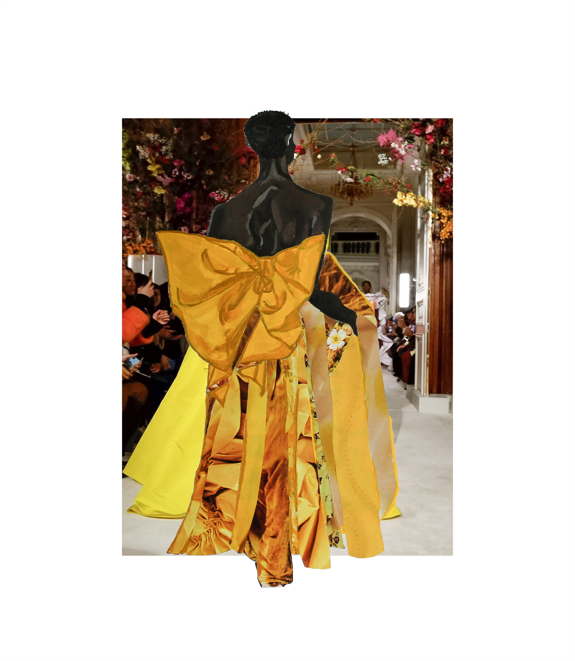 Fashion Collage with Painting of Akiima Ajak in Yellow Valentino Gown with original image from the Valentino Spring 2019 Couture runway show