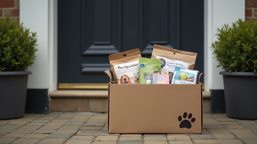 High angle view of a delivery box with pet supplies on a doorstep in the UK