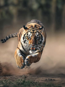 Animals in motion: dynamic close-up portrait of a tiger in golden light, AI-driven creative visual by Atelier Aida