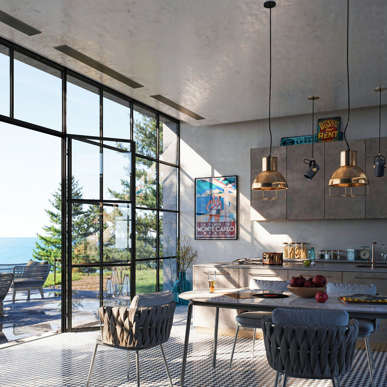 Pedra Alta House, Lisbon – open-plan interior with floor-to-ceiling windows, dining area and a sea view