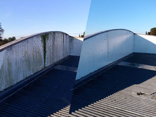 Before and after roof cleaning comparison, showing a clean roof. Roof wash/Treatment.