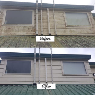 Before and after house wash cleaning the exterior of a building.