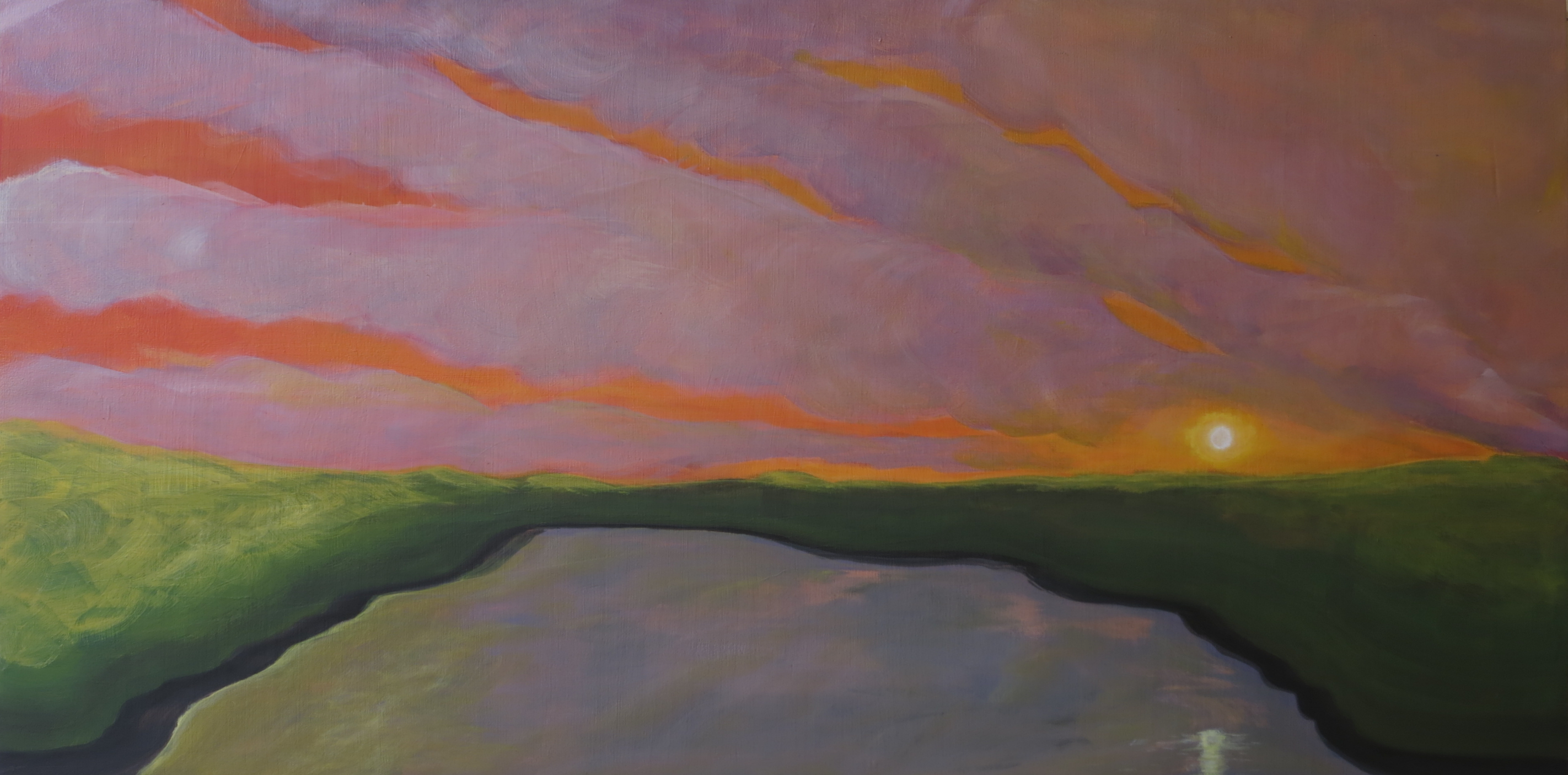 Visual arts. Landscape art. Minimalism. Acrylics on plywood. Finnmark. Kautokeino. Sunset. Northern Norway nature. Abstract art.