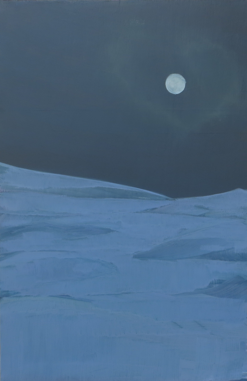 Visual arts. Landscape art. Minimalism. Acrylics on plywood. Arctic. Winter. Moonlight. Northern Norway nature. Abstract art.