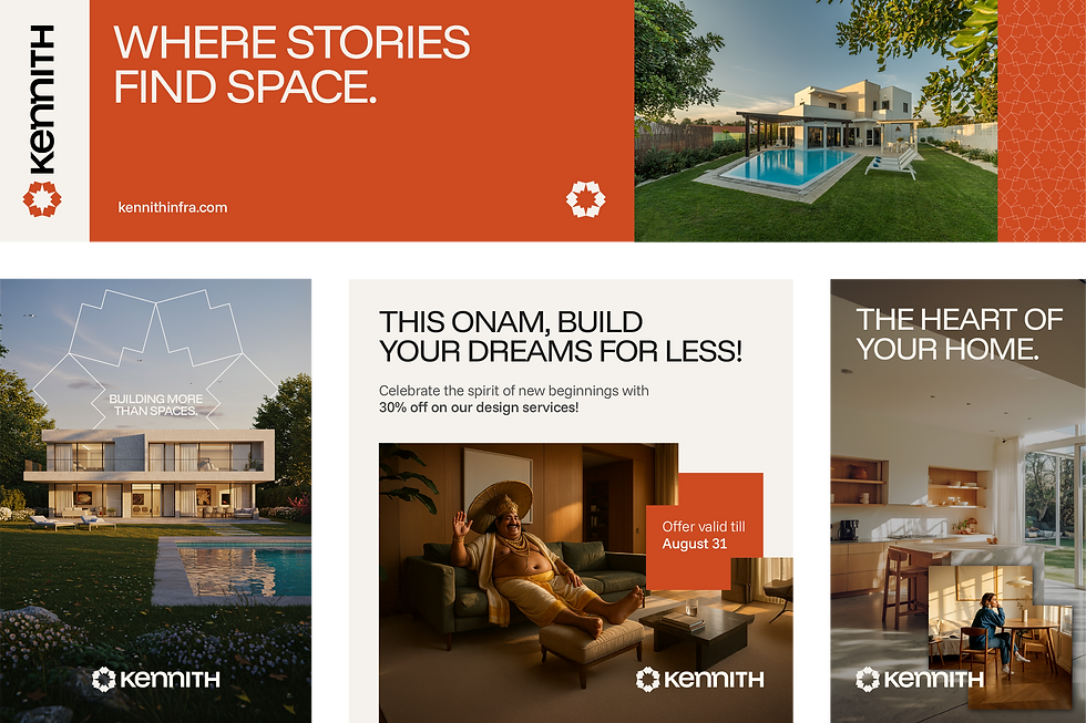 Kennith Infraventures advertising mockups showcasing brand tagline, Onam offers, completed residential projects, and modern interiors.