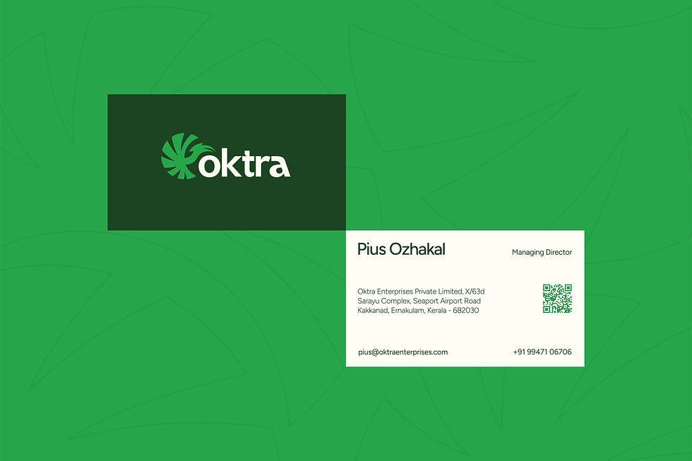 Oktra Enterprises business card design for Managing Director Pius Ozhakal, displaying the green brand logo, company details, and QR code, part of Kerala spice exporter branding.