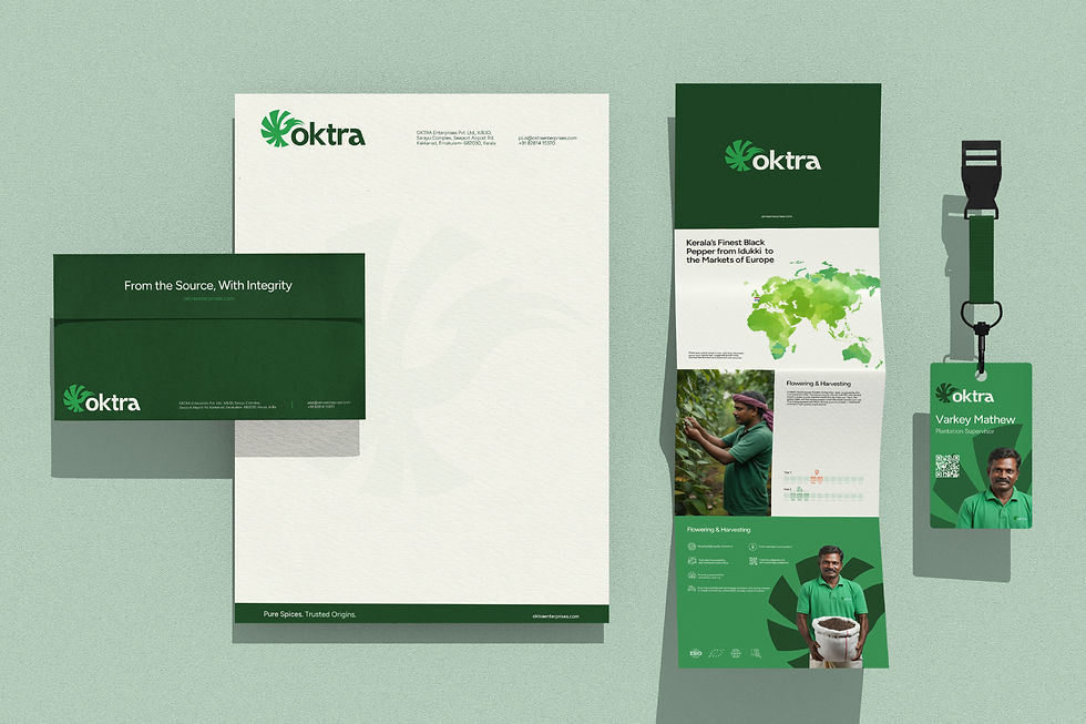 Comprehensive Oktra Enterprises branded stationery set including letterhead, brochure, envelope, and employee ID card, all unified with Kerala spice exporter visual identity.