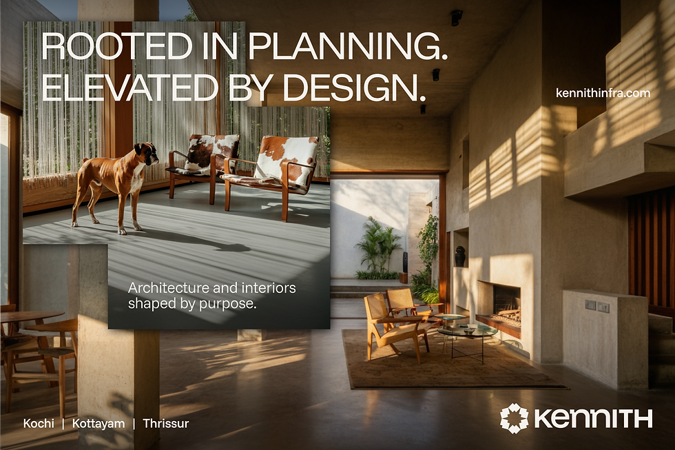 Kennith Infraventures brand messaging poster: modern home interior, architectural project locations in Kerala, and tagline ‘Rooted in Planning, Elevated by Design.