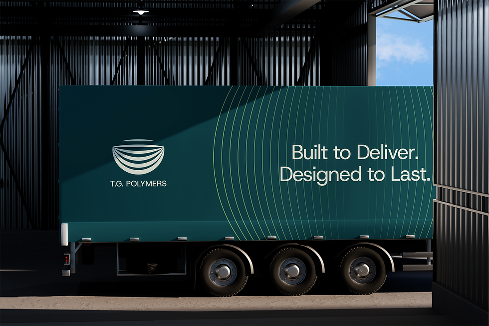 T.G. Polymers branded truck trailer with logo and tagline ‘Built to Deliver. Designed to Last.’, highlighting dependable logistics for B2B plastic sheet and bag delivery.