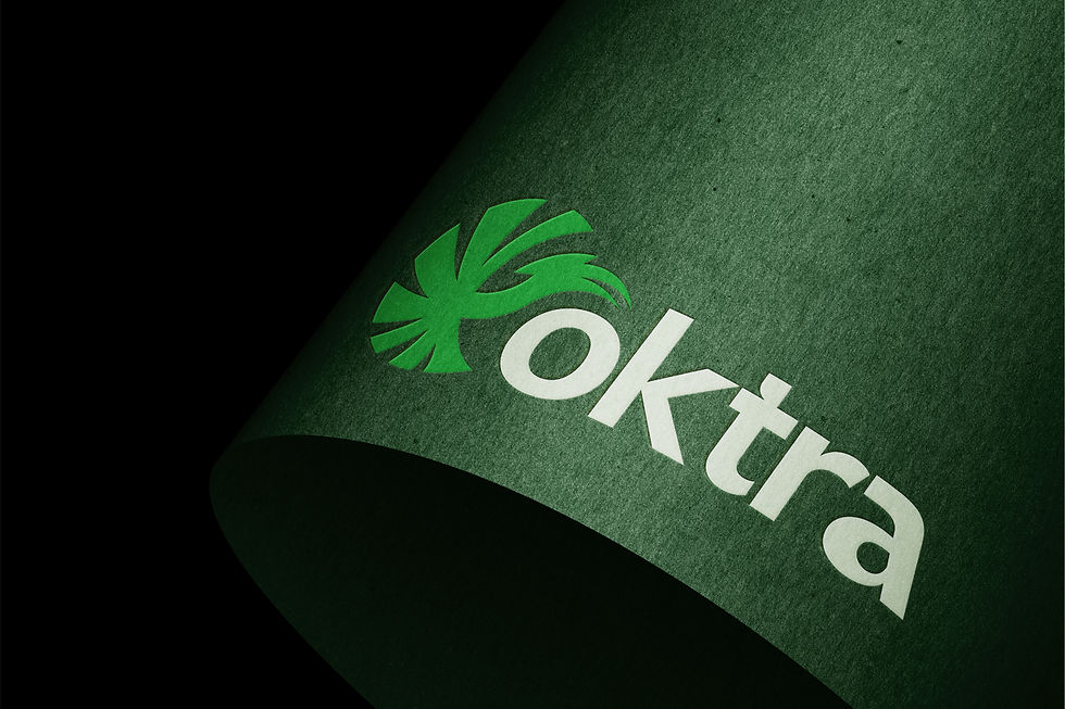 Oktra Enterprises logo mockup featuring a stylized green hornbill emblem and modern typography on textured green paper, designed for a Kerala spices export brand identity.