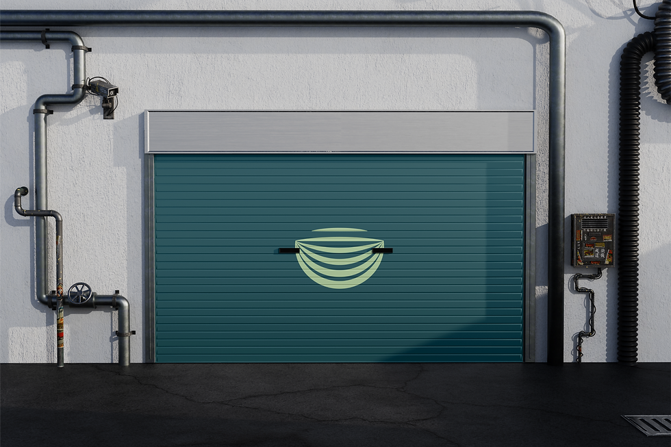 T.G. Polymers logo applied on factory rolling shutter, representing strong B2B manufacturing identity in industrial setting.