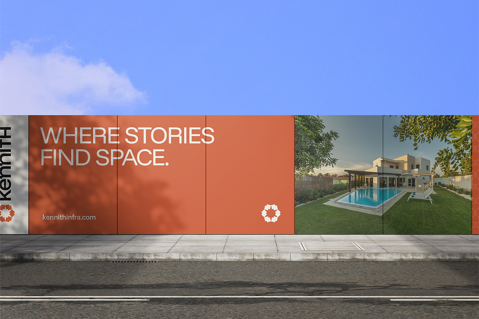 Kennith Infraventures outdoor site hoarding with geometric logo, brand tagline ‘Where Stories Find Space,’ and modern villa exterior visual.