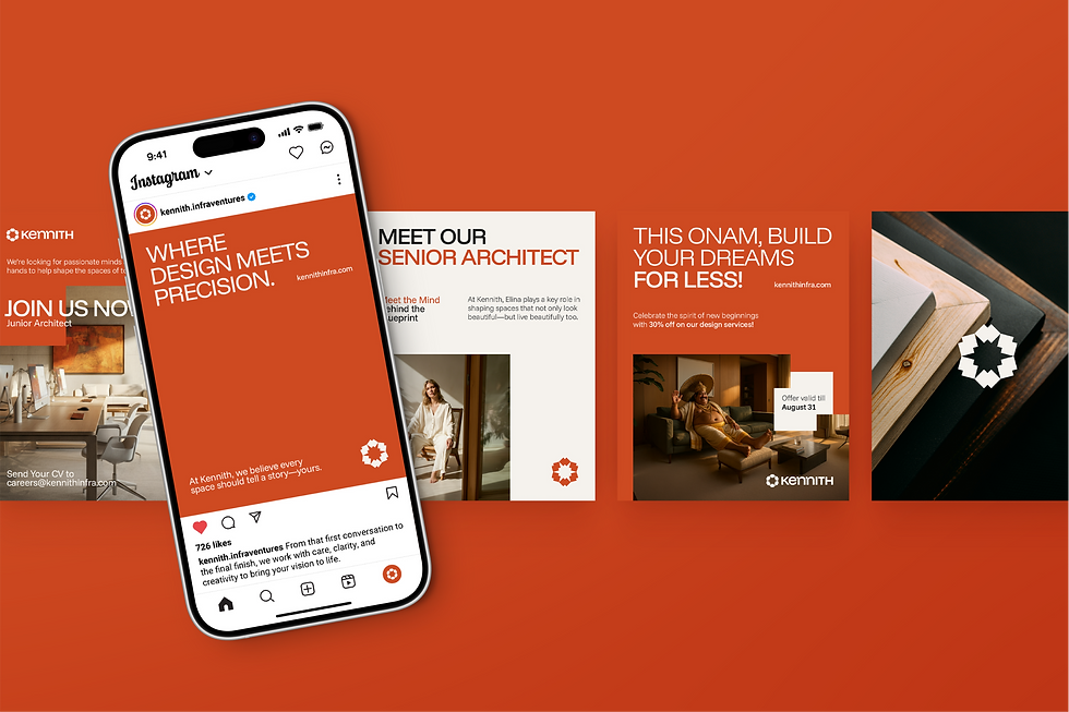 Kennith Infraventures Instagram and social media branding mockups with orange theme, taglines, project highlights, and promotional offers.