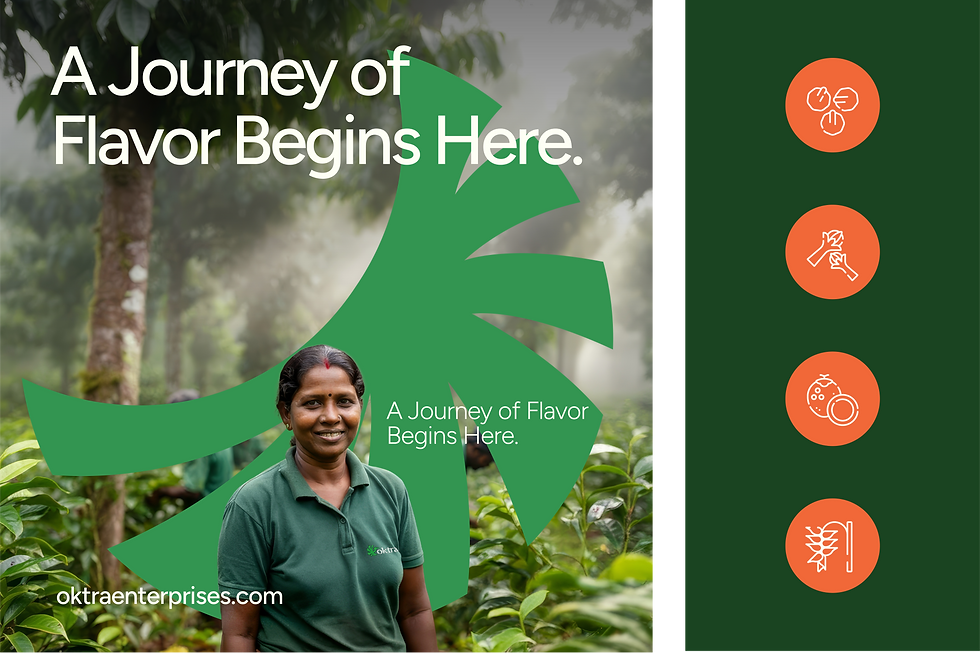 Oktra Enterprises promotional poster showing a tea plantation worker wearing branded apparel, with the slogan ‘A Journey of Flavor Begins Here’, representing ethical spice sourcing in Kerala, India.