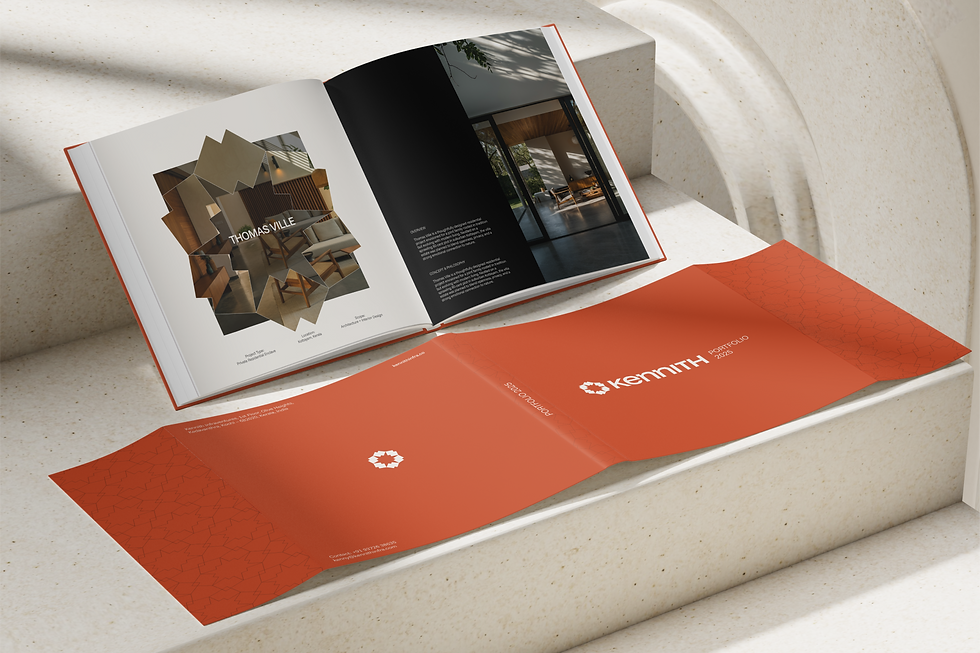 Kennith Infraventures open project portfolio showcasing interior design and completed architecture projects, with branded orange folder and geometric logo