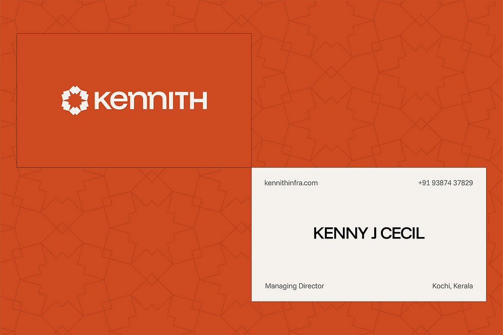 Kennith Infraventures business card mockup with brand logo, contact details, and modern design for architectural, construction, and interior services.