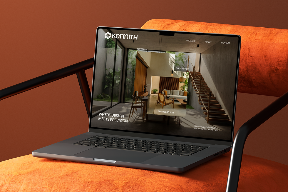 Kennith Infraventures architecture firm website on laptop, showcasing modern residential interiors and branded visual identity.