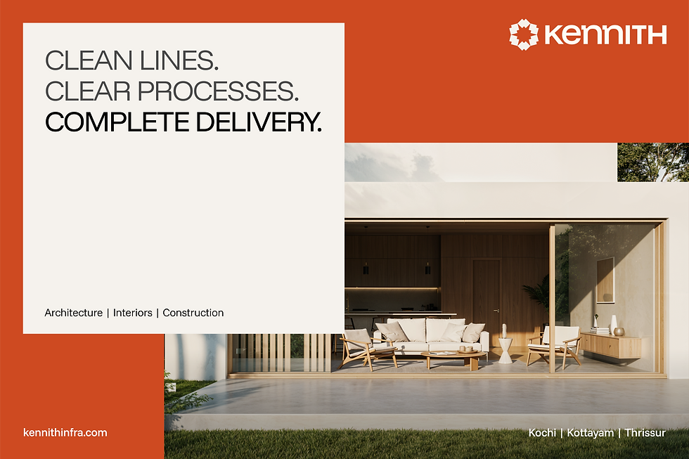 Kennith Infraventures advertisement highlighting clean lines, clear processes, and complete delivery in architecture, interiors, and construction services.