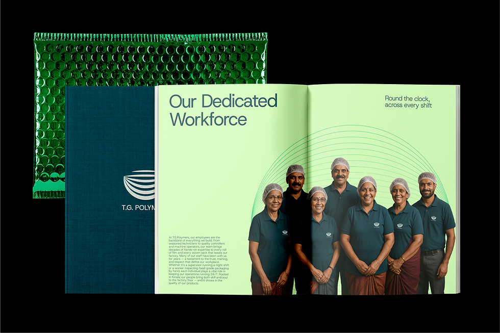 T.G. Polymers branded brochure featuring ‘Our Dedicated Workforce’ section and team members in uniform, showcasing professional B2B manufacturing branding.