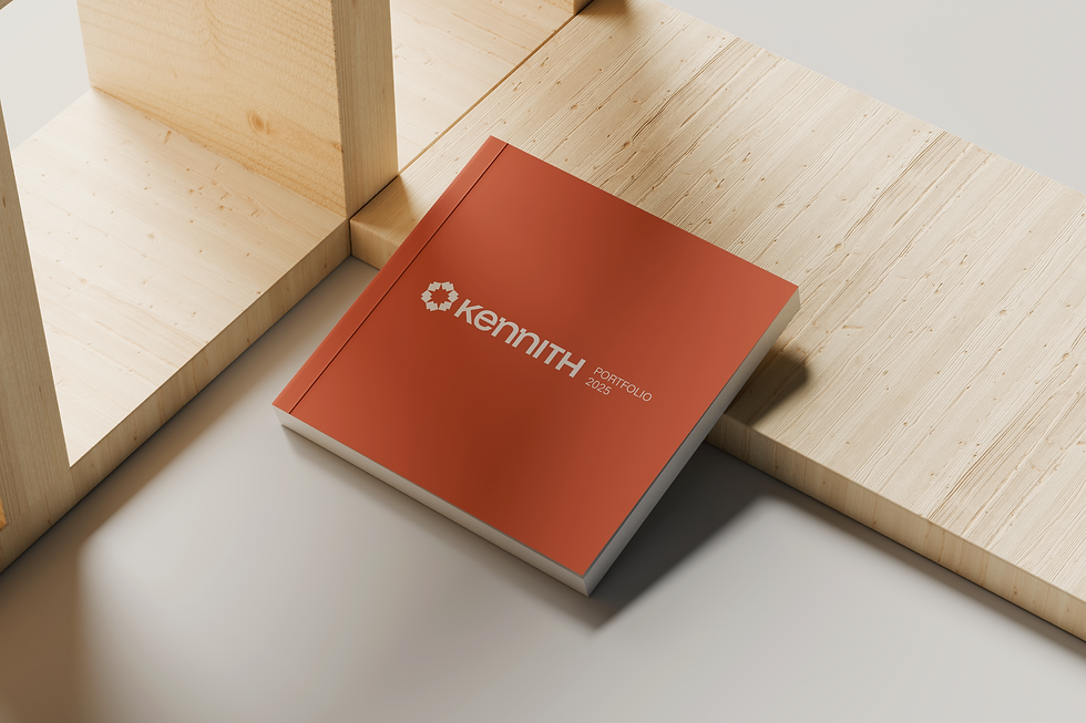 Kennith Infraventures square portfolio book with orange branded cover, white geometric logo, and project year 2025 for architecture and interior solutions.