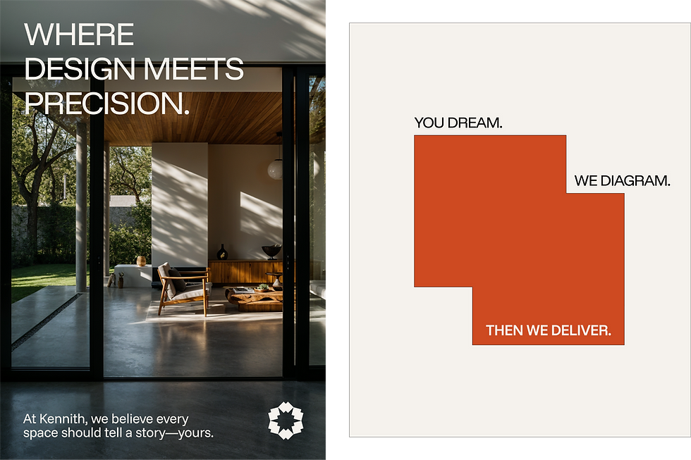 Kennith Infraventures promotional poster highlighting architecture and interior design expertise, with modern residential space and motivational tagline.