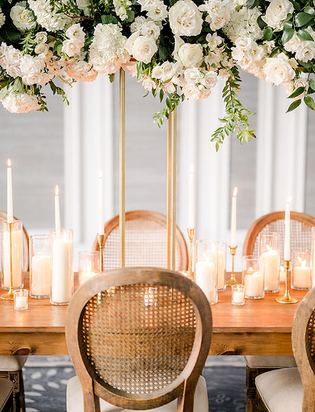 four seasons wedding new orleans with white flowes and candles in the ballroom Leaf + Petal NOLA