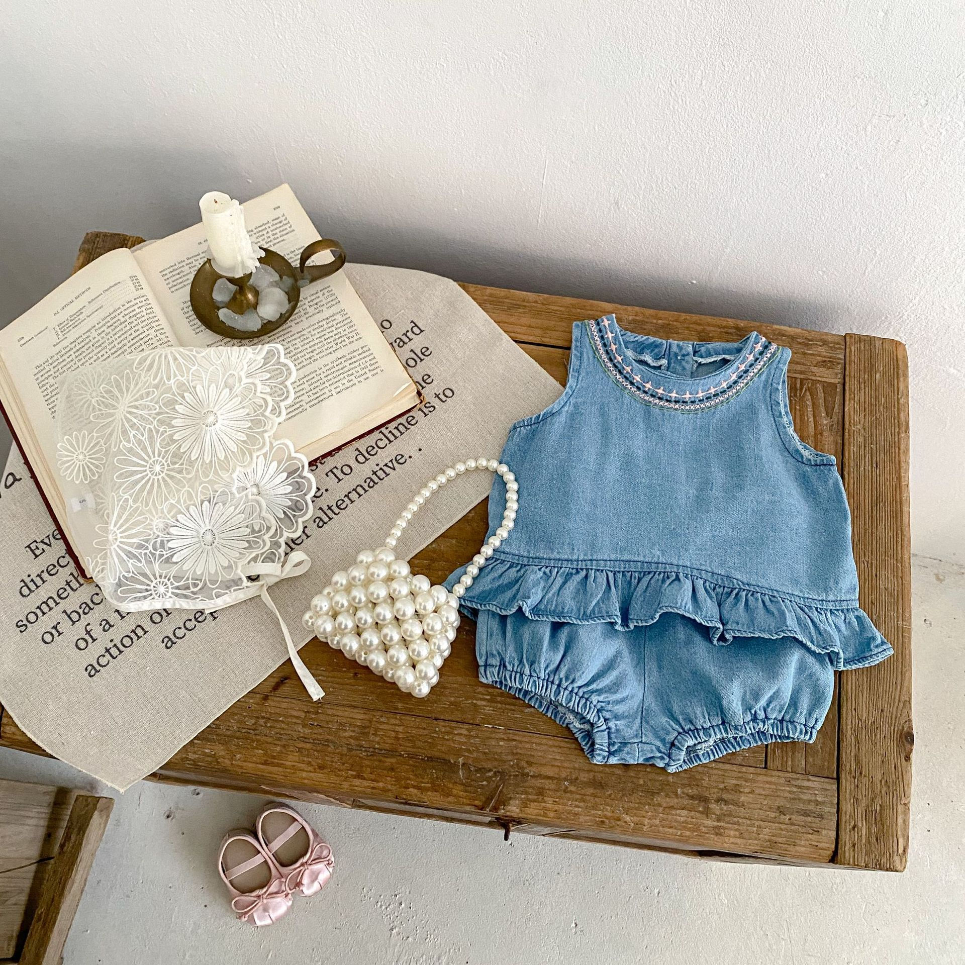 Sleeveless Embroidered Soft Denim Set