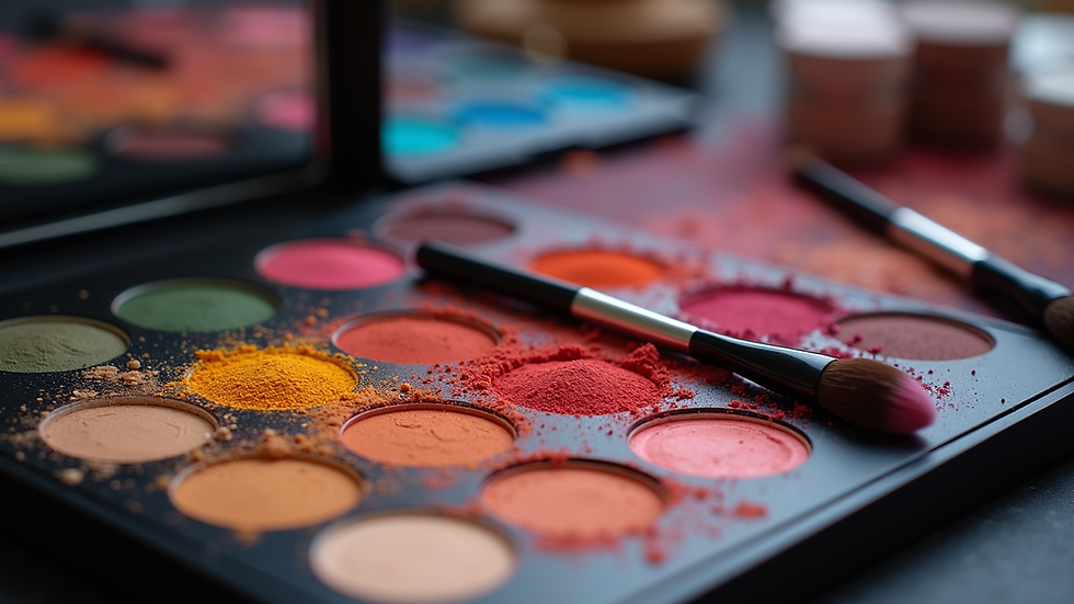 Close-up view of a makeup artist’s workstation with pigments and brushes