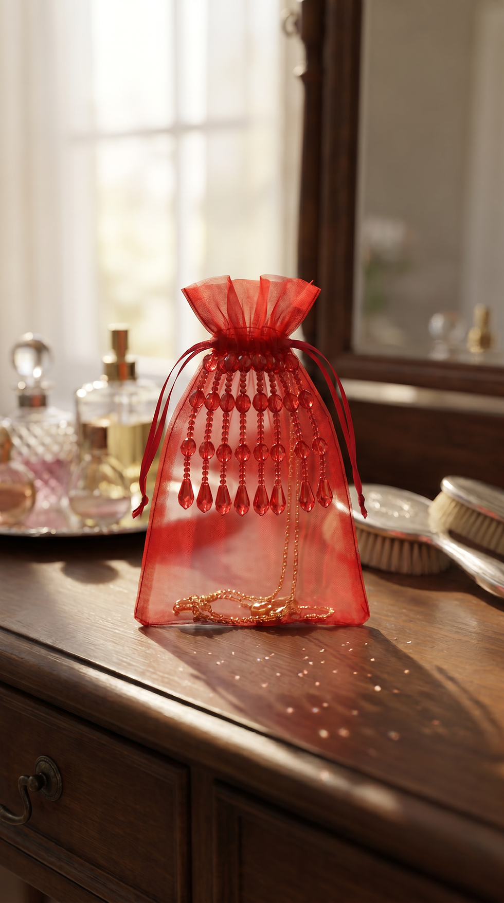 Thumbnail: Organza Beaded Gift Bag - Red- Pack of 10