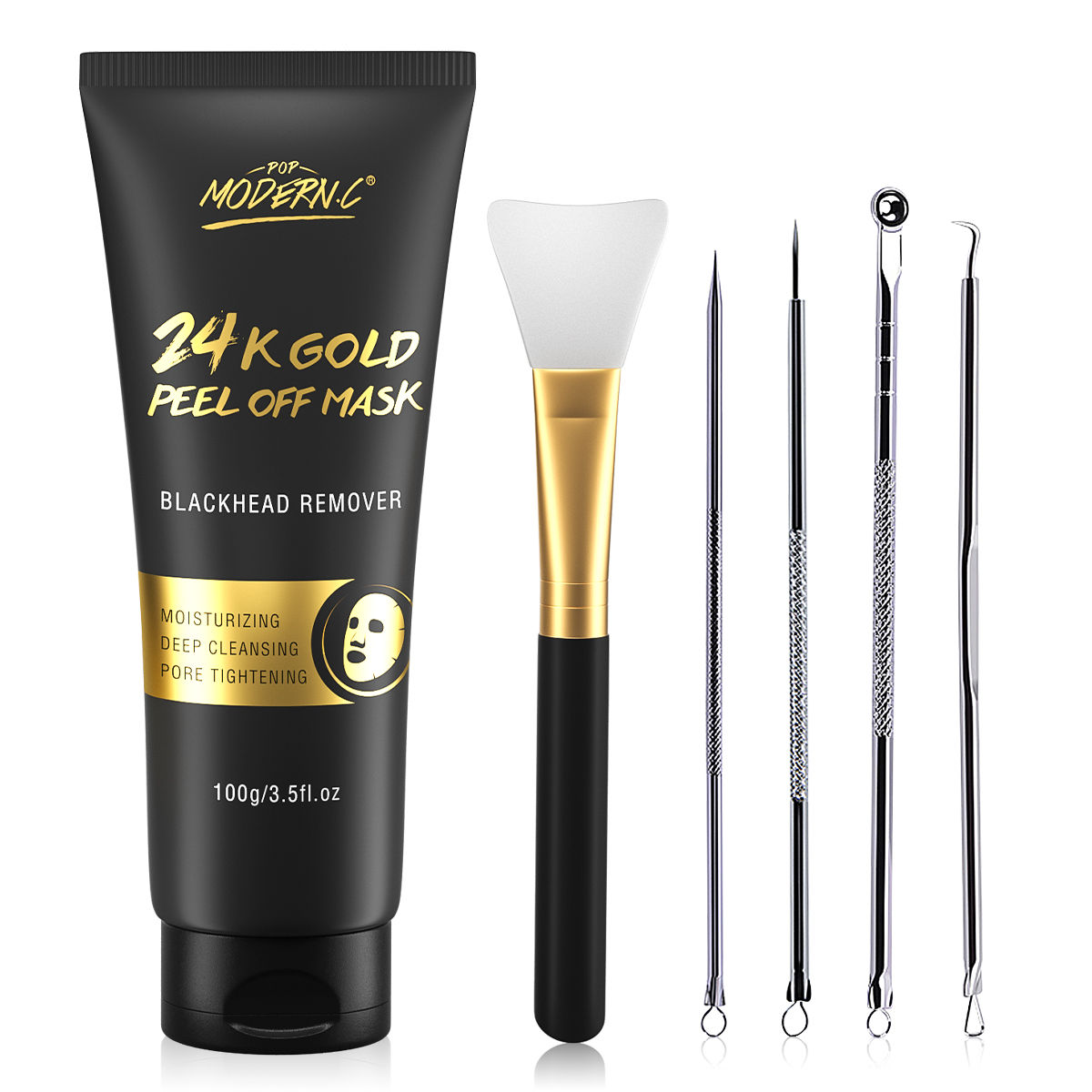 24K Gold Peel Off Mask, Anti-Aging, Cleansing, W/ Blackhead Remover Tools